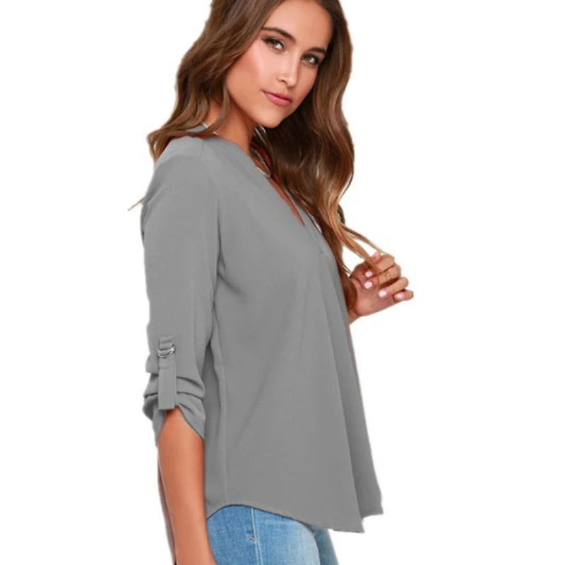 Women’s V-Neck Chiffon Blouse | Long Sleeve Office Top