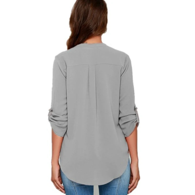 Women’s V-Neck Chiffon Blouse | Long Sleeve Office Top