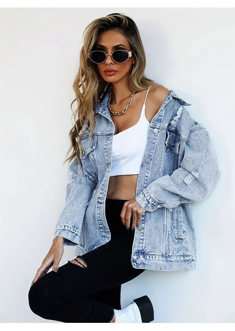 Women’s Vintage Denim Jacket – Distressed Button-Up Jean Coat