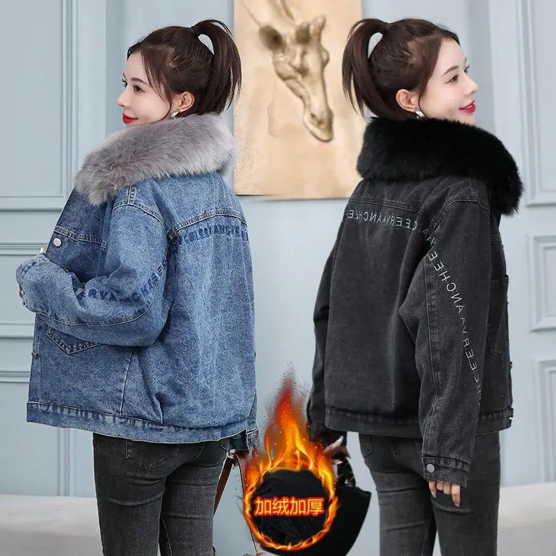 Women’s Denim Winter Jacket 2025 | Warm Fur Patchwork Cowgirl Coat