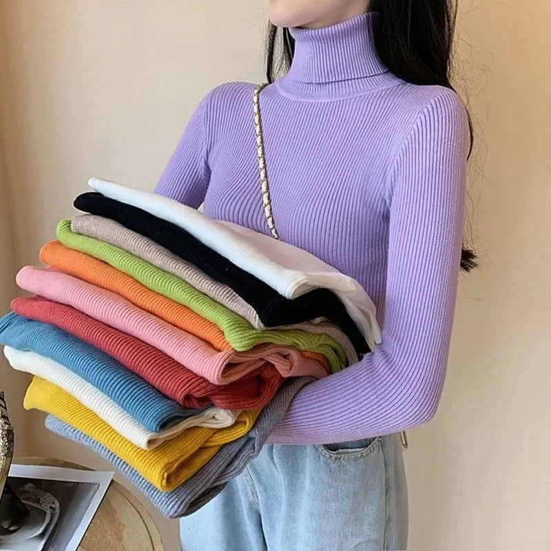 Slim Turtleneck Sweater Women Knit Thermal Winter Top