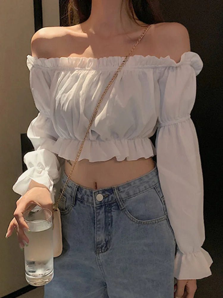 Women’s Off-Shoulder Crop Blouse | Puff Sleeve Ruffle Top