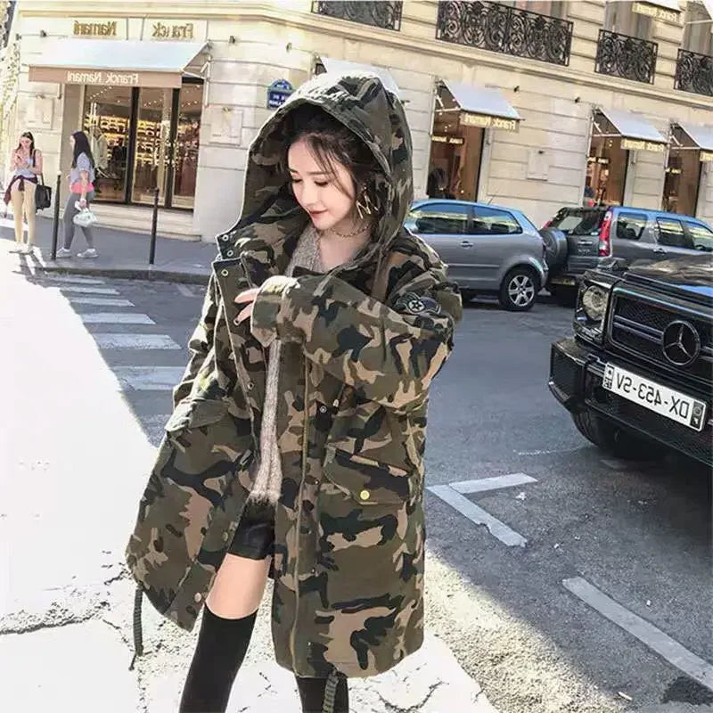 Camouflage Women’s Long Parka | Hooded Thick Korean Style Cargo Coat