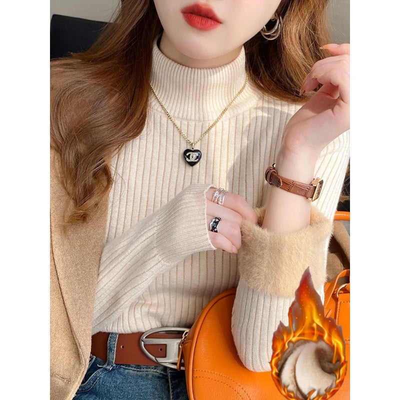 Women’s Retro Turtleneck Sweater 2026 – Thick Fleece-Lined Thermal Pullover for Autumn/Winter