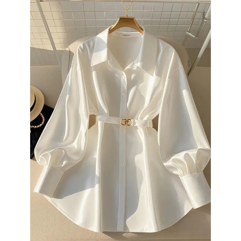 Women’s White Button-Up Blouse | Elegant Loose Fit Shirt