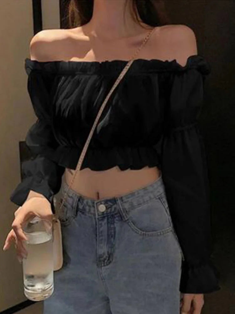 Women’s Off-Shoulder Crop Blouse | Puff Sleeve Ruffle Top