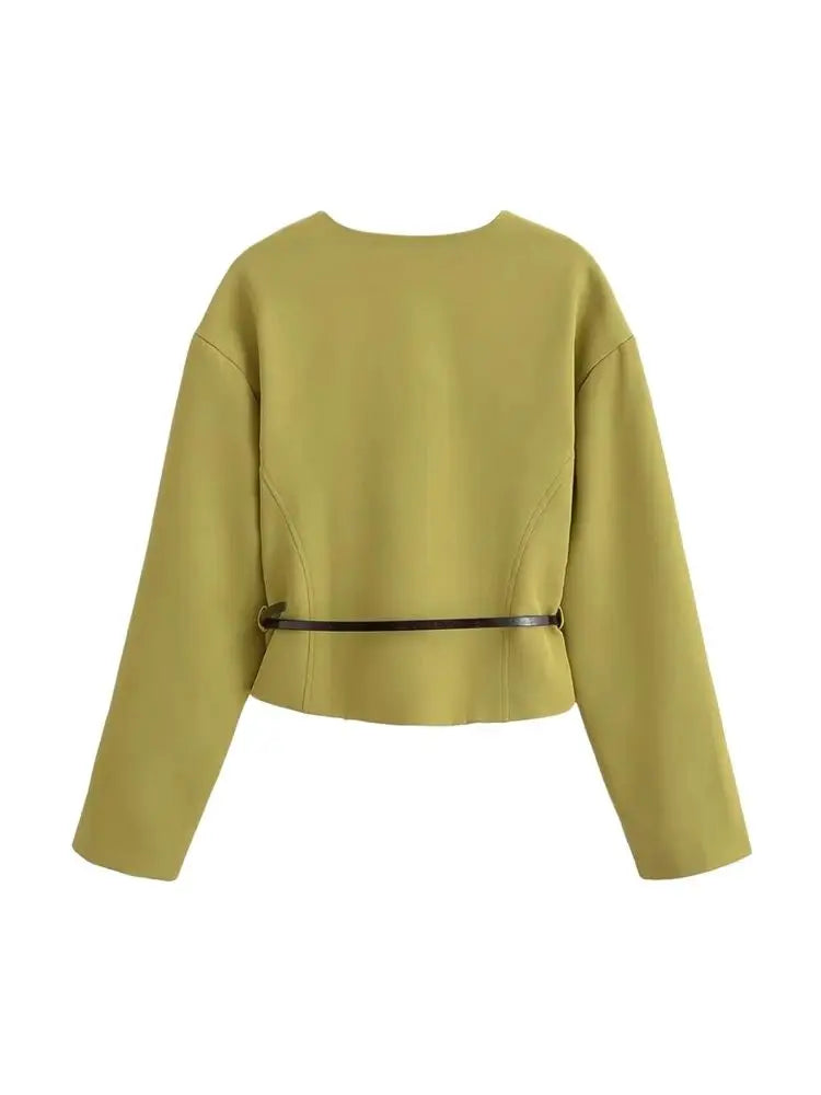 Women’s Fitted Blazer with Belt | Chic V-Neck Elegant Jacket for All Seasons