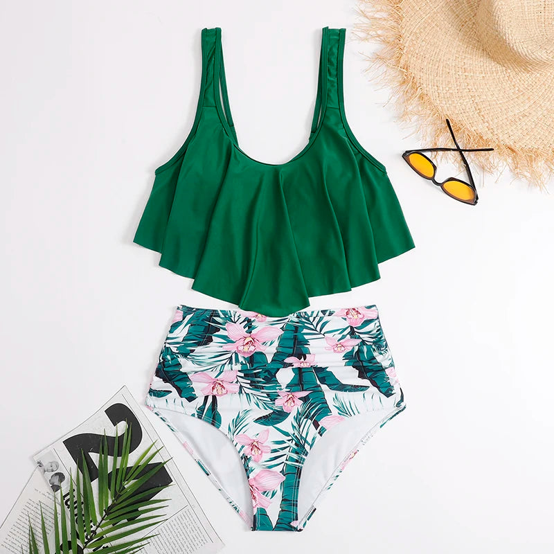 Floral High Waist Bikini Set | Frill Detail Preppy Style Swimwear