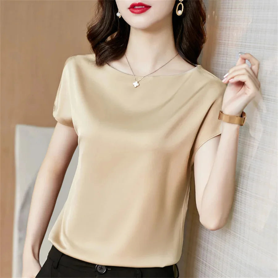 Women’s Satin O-Neck Blouse | Loose Short Sleeve Top