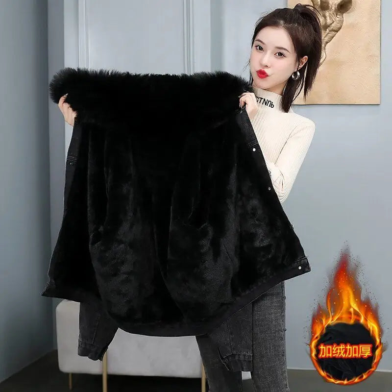 Women’s Denim Winter Jacket 2025 | Warm Fur Patchwork Cowgirl Coat