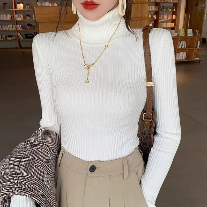 White Turtleneck Sweater Women Slim Knit Office Pullover