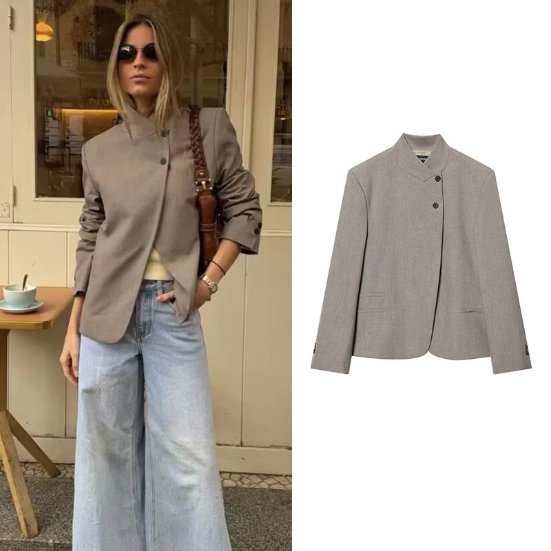 Elegant Women’s Spring Blazer 2026 | Casual Solid Travel Jacket with Stand Collar