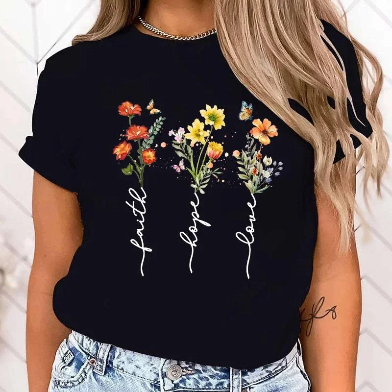 Women’s Faith Hope Love Print T-Shirt | Casual Summer Tee
