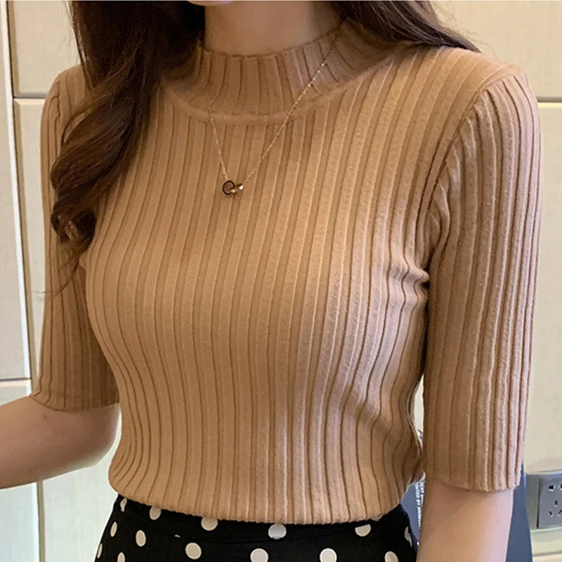 Women’s Summer Knit Blouse – Sweet Short Sleeve Pullover Top with Half-High Collar