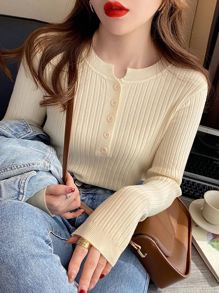 Women’s Slim Fit Knit Sweater – O-Neck Button Detail Stretch Pullover