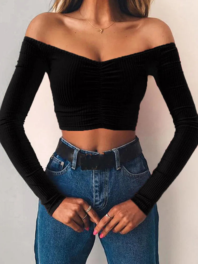 Women’s Off-Shoulder Long Sleeve Crop Top – Slim Fit Solid Color T-Shirt