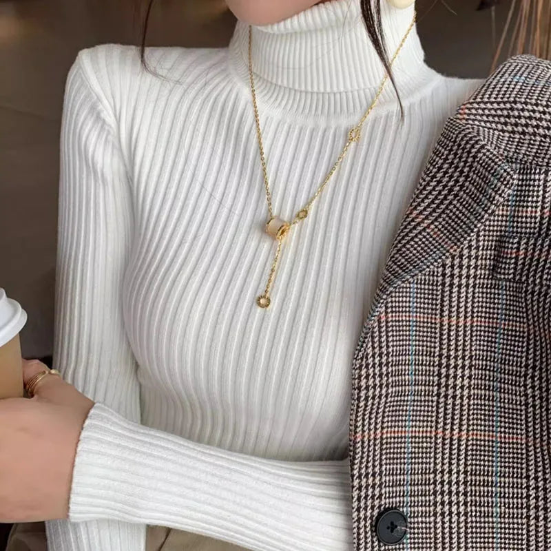 White Turtleneck Sweater Women Slim Knit Office Pullover
