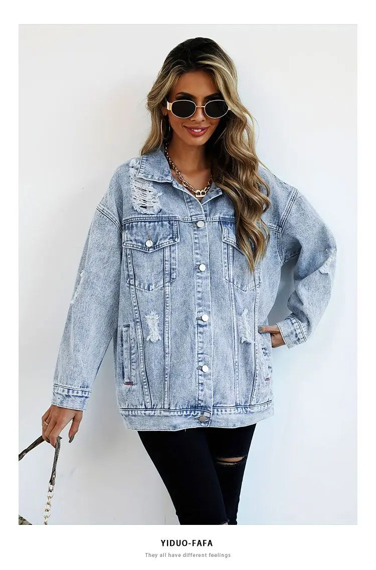 Vintage Style Women’s Denim Jacket – Distressed Euramerican Autumn/Winter Jean Coat