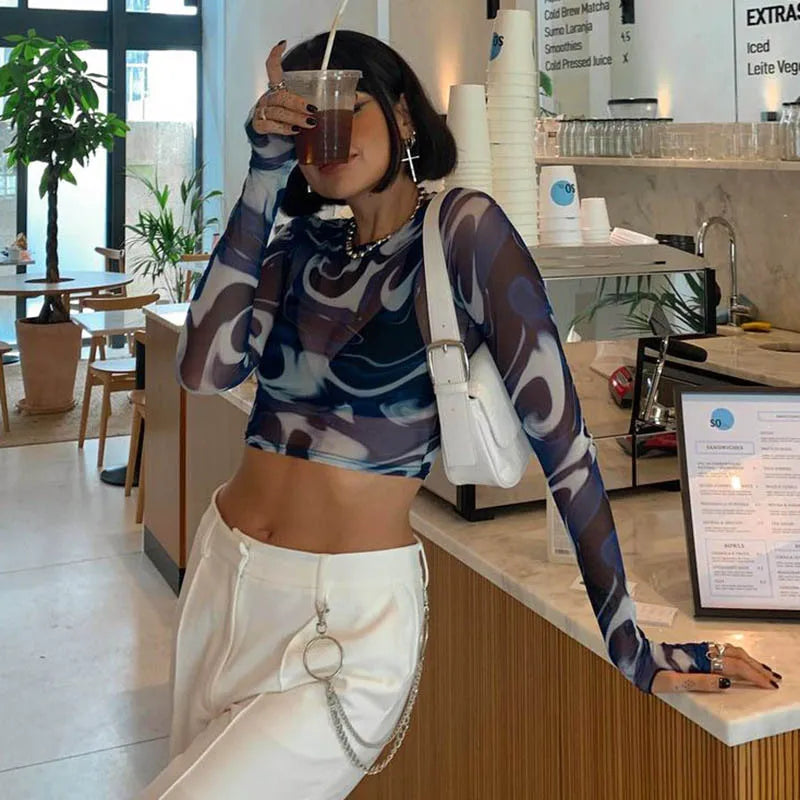 Sheer Mesh Crop Top Women Y2K Streetwear Long Sleeve