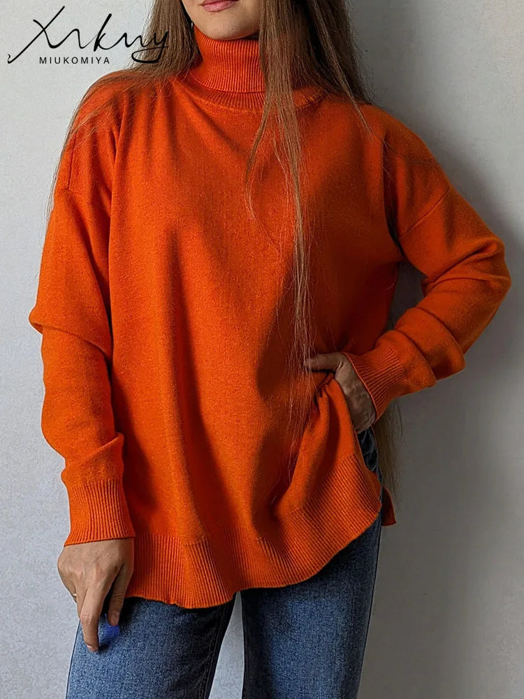 Oversized Turtleneck Sweater Women Loose Knit Winter Pullover