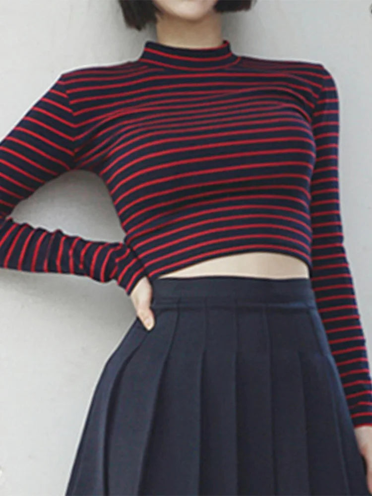 Striped Turtleneck Crop Top Women Slim Long Sleeve Tee