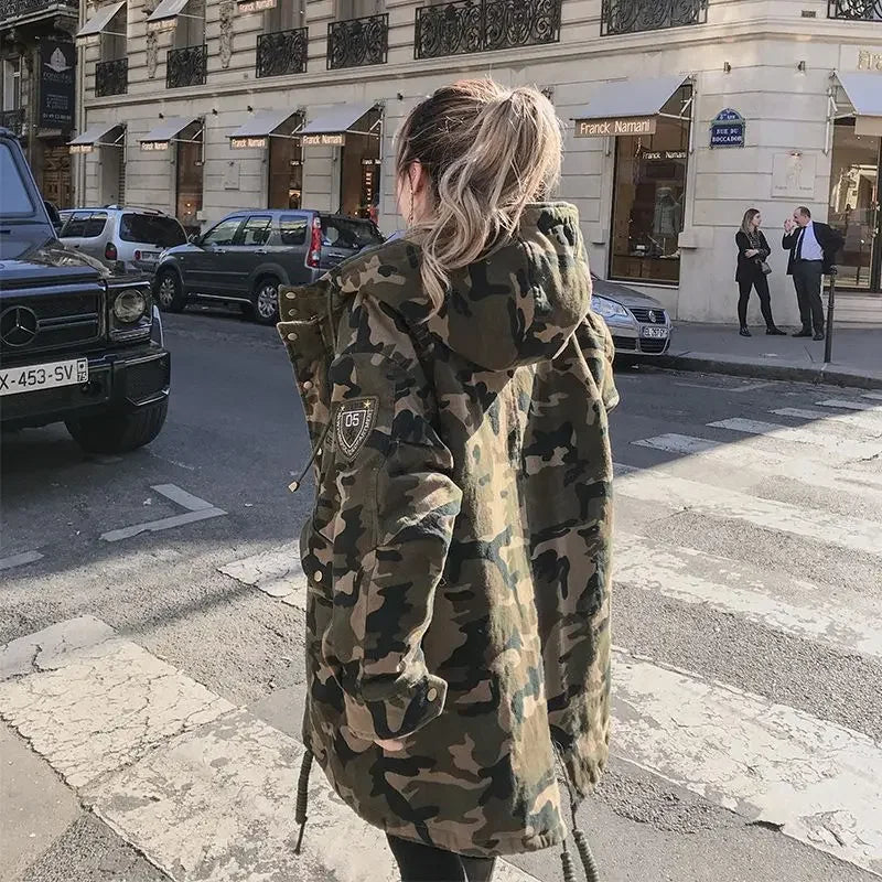 Camouflage Women’s Long Parka | Hooded Thick Korean Style Cargo Coat