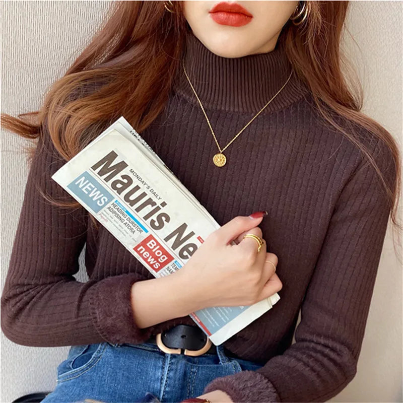 Women’s Retro Turtleneck Sweater 2026 – Thick Fleece-Lined Thermal Pullover for Autumn/Winter