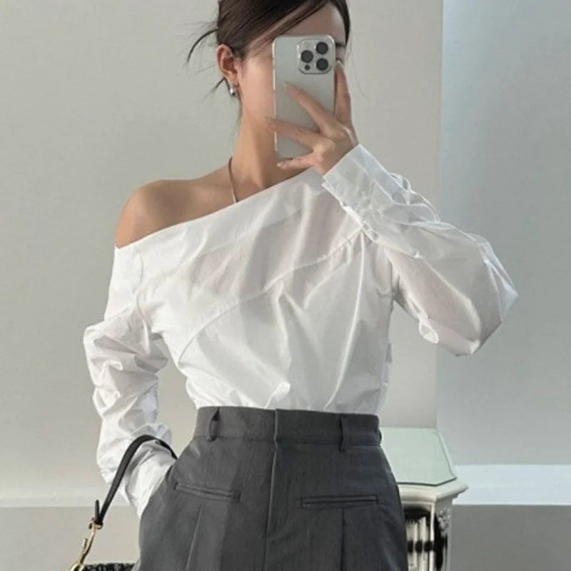 Women’s Off-Shoulder White Blouse | Elegant Long Sleeve Top