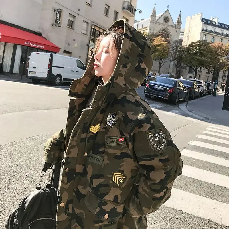 Camouflage Women’s Long Parka | Hooded Thick Korean Style Cargo Coat