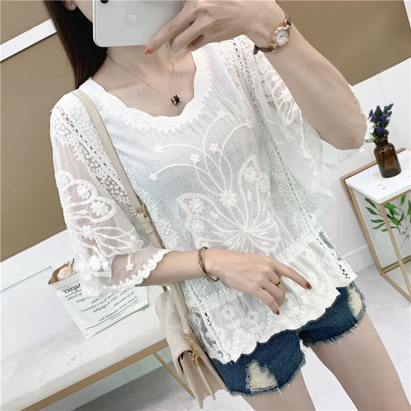 Women’s Lace V-Neck Blouse | Short Sleeve Chiffon Top