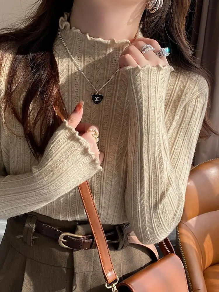 Ruched Turtleneck Sweater Women Slim Knit Winter Top