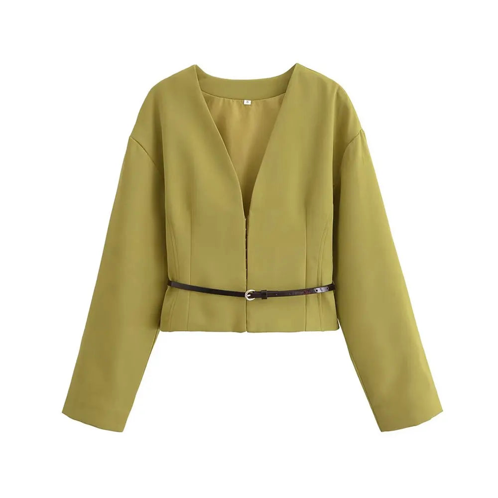 Women’s Fitted Blazer with Belt | Chic V-Neck Elegant Jacket for All Seasons