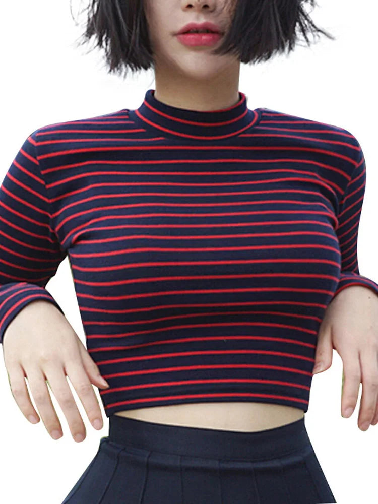 Striped Turtleneck Crop Top Women Slim Long Sleeve Tee