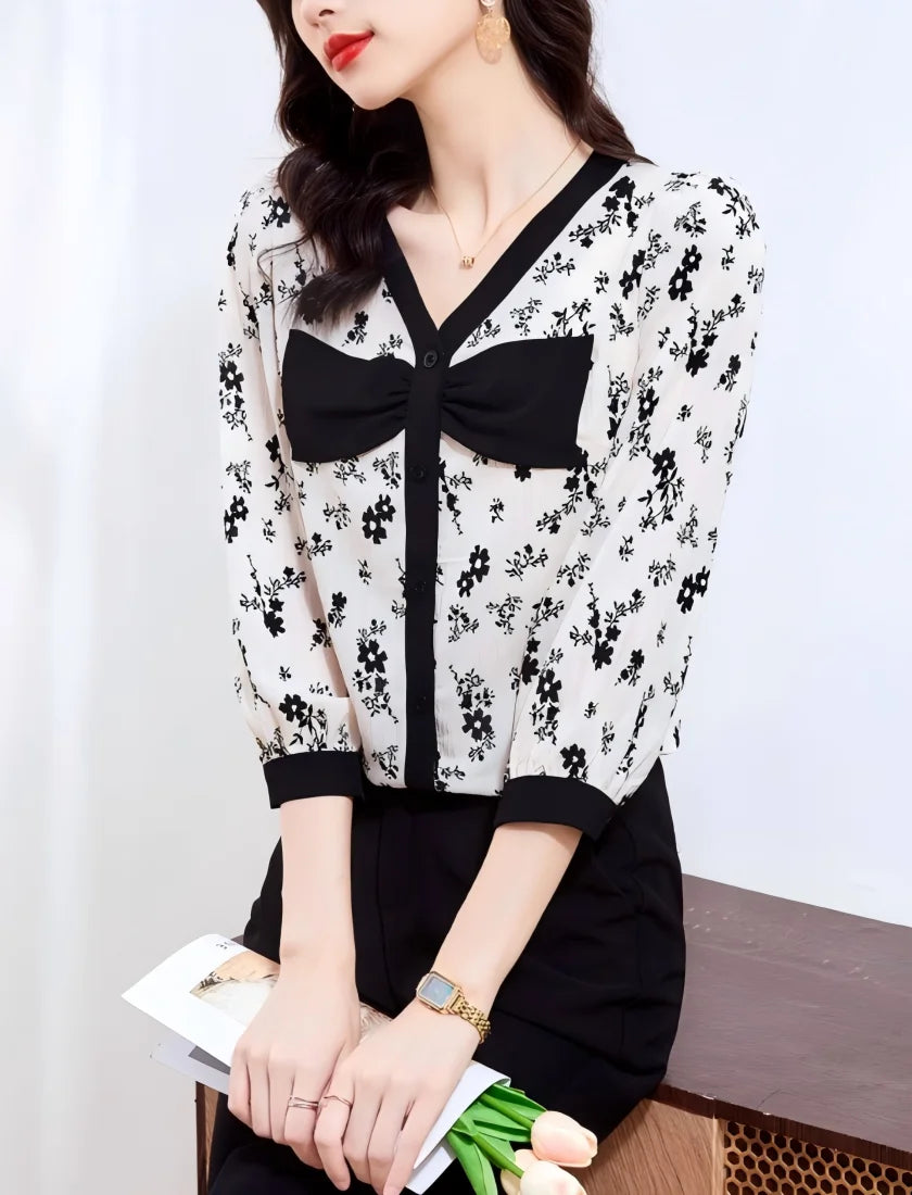 Women’s Floral V-Neck Blouse | Bowknot Elegant Shirt