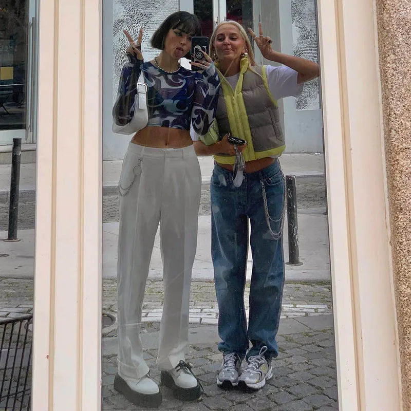 Sheer Mesh Crop Top Women Y2K Streetwear Long Sleeve