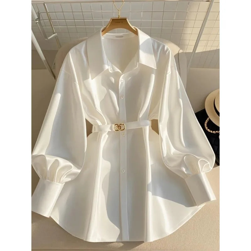 Women’s White Button-Up Blouse | Elegant Loose Fit Shirt