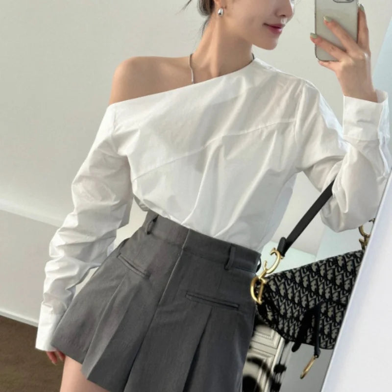 Women’s Off-Shoulder White Blouse | Elegant Long Sleeve Top