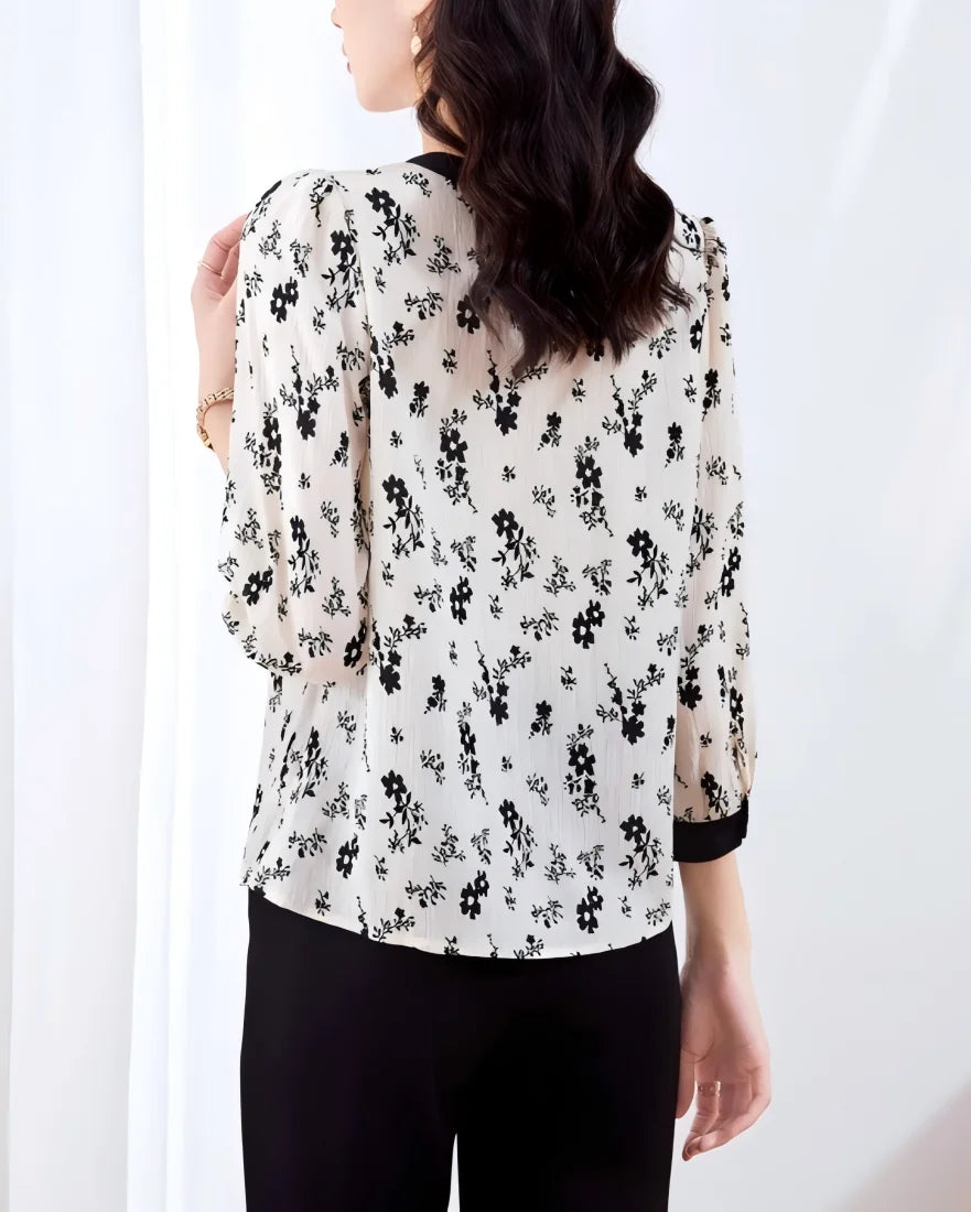 Women’s Floral V-Neck Blouse | Bowknot Elegant Shirt
