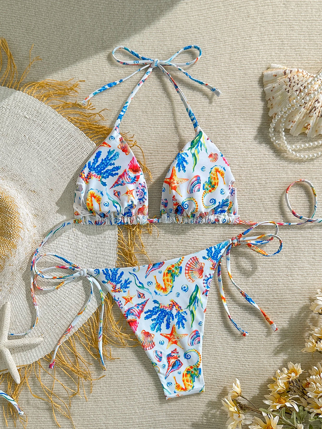 Women’s Shell Print Bikini Set – Triangle Top & Tie-Side Swimwear