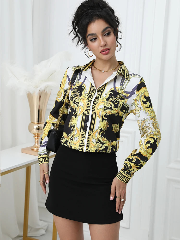 Women’s Printed Office Blouse | Button-Up Shirt