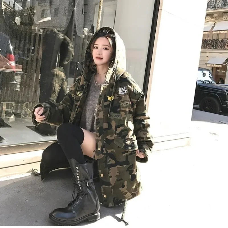 Camouflage Women’s Long Parka | Hooded Thick Korean Style Cargo Coat