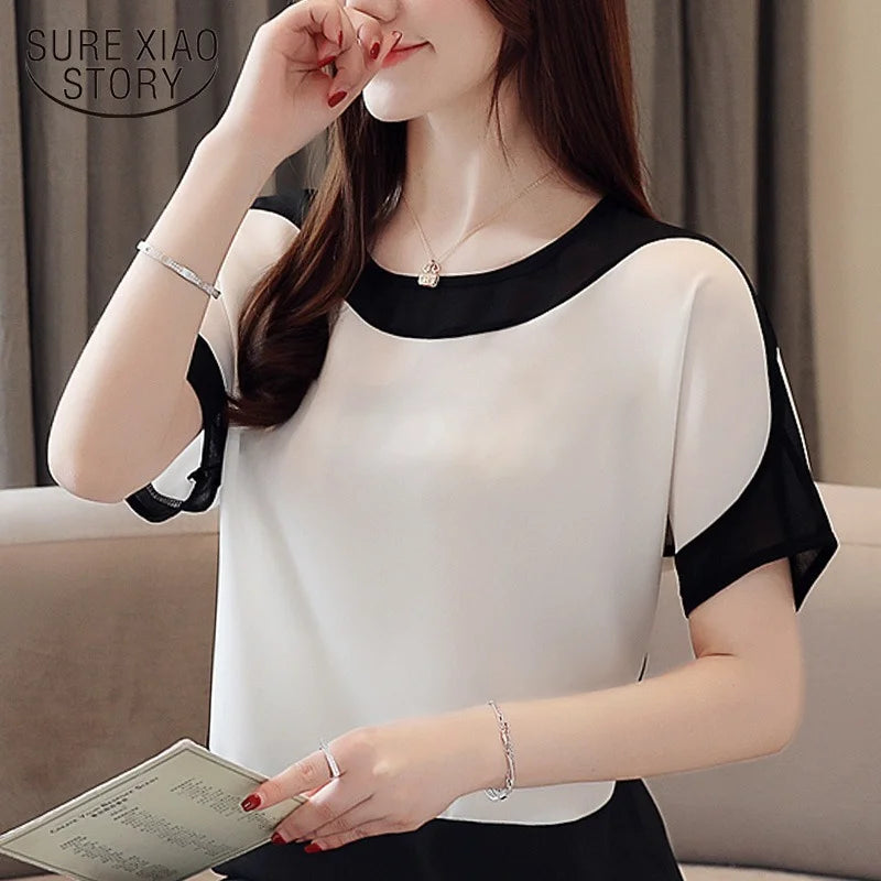 Women’s Chiffon Patchwork Blouse | Loose Short Sleeve Top