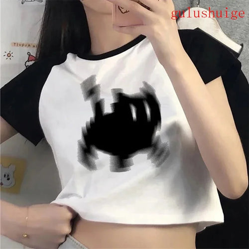 Black Cat Pixel Crop Top Women Y2K Graphic Tee