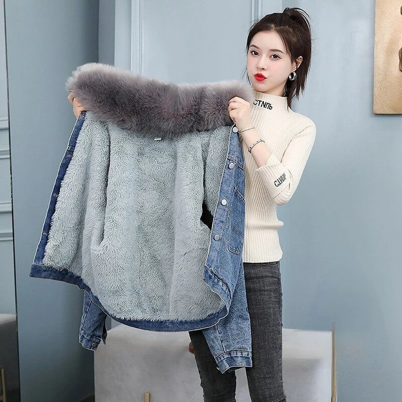 Women’s Denim Winter Jacket 2025 | Warm Fur Patchwork Cowgirl Coat