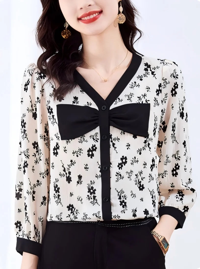 Women’s Floral V-Neck Blouse | Bowknot Elegant Shirt