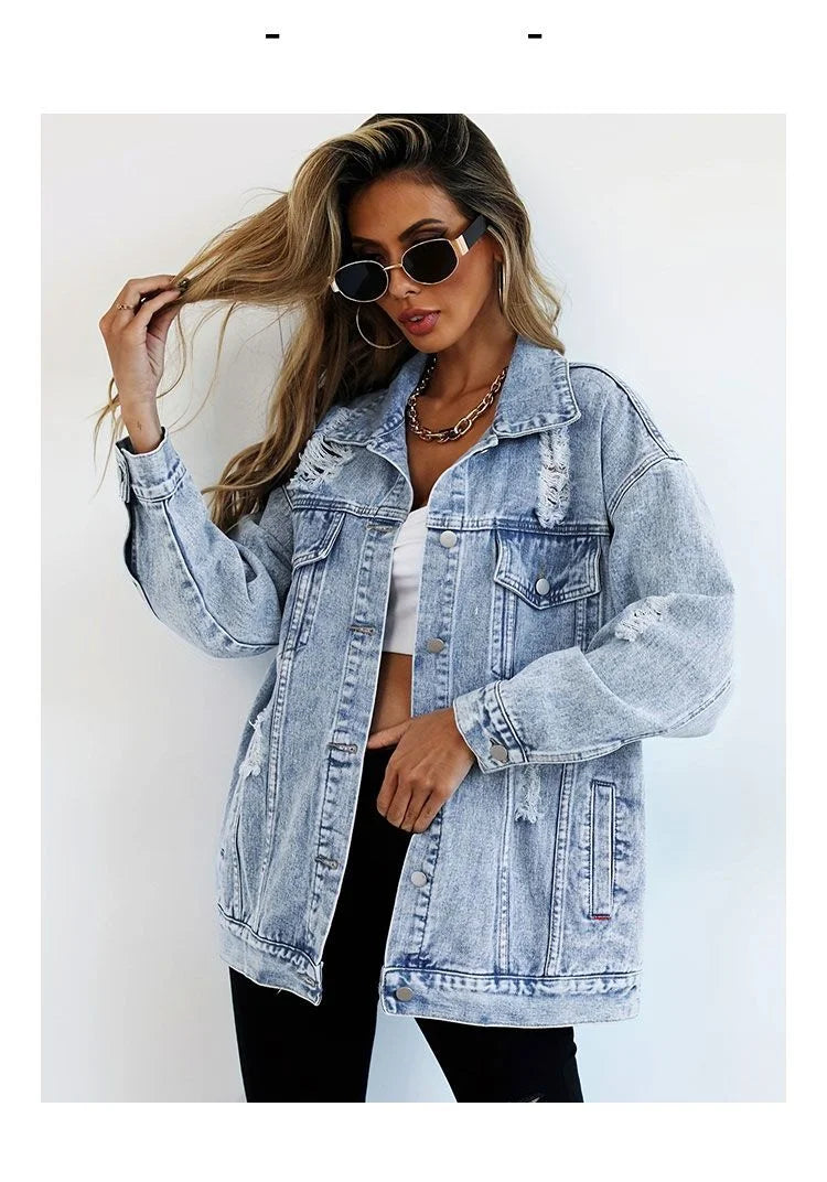 Women’s Vintage Denim Jacket – Distressed Button-Up Jean Coat