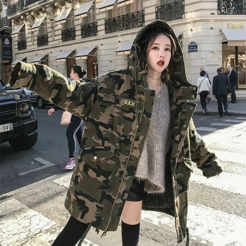 Camouflage Women’s Long Parka | Hooded Thick Korean Style Cargo Coat