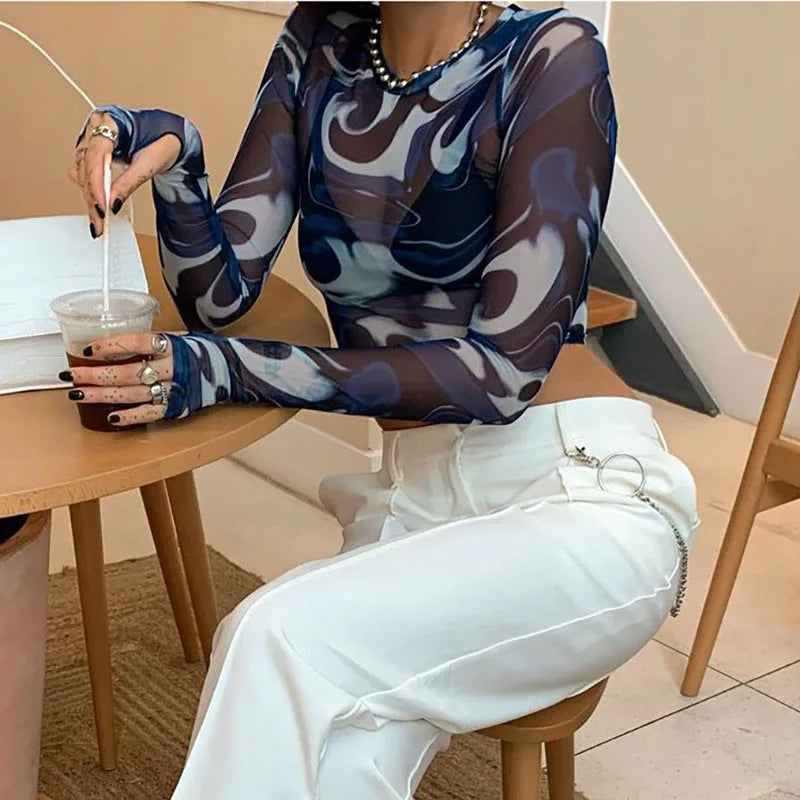 Women’s Sheer Mesh Crop Top – Long Sleeve Slim Fit Lightweight Layering Top