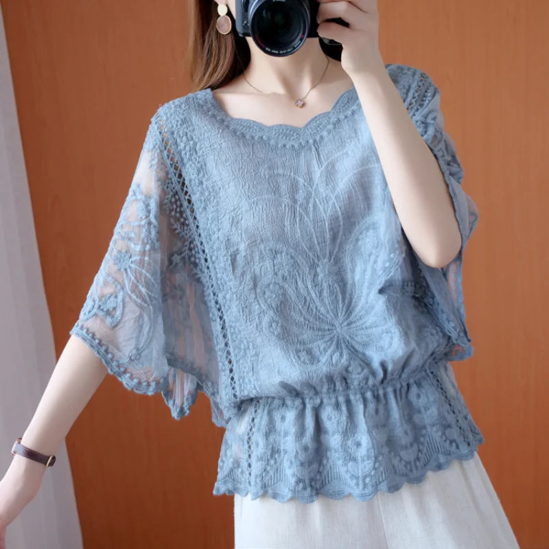 Women’s Lace V-Neck Blouse | Short Sleeve Chiffon Top