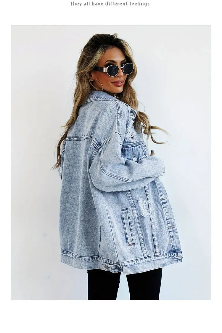 Women’s Vintage Denim Jacket – Distressed Button-Up Jean Coat